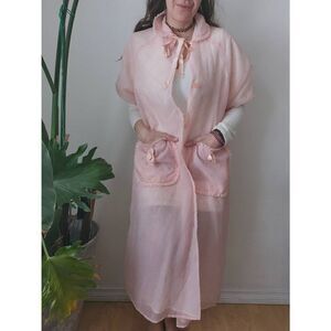 50s  Vintage HouseCoat Duster Ruffle  Floral Rhinestone Buttons Bow Robe